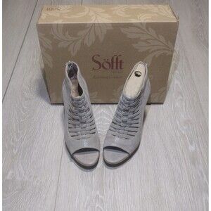 Sofft - Renita Mist Grey Suede Peep-toe Caged High Heel Wedge Sandal - 6.5 -NEW